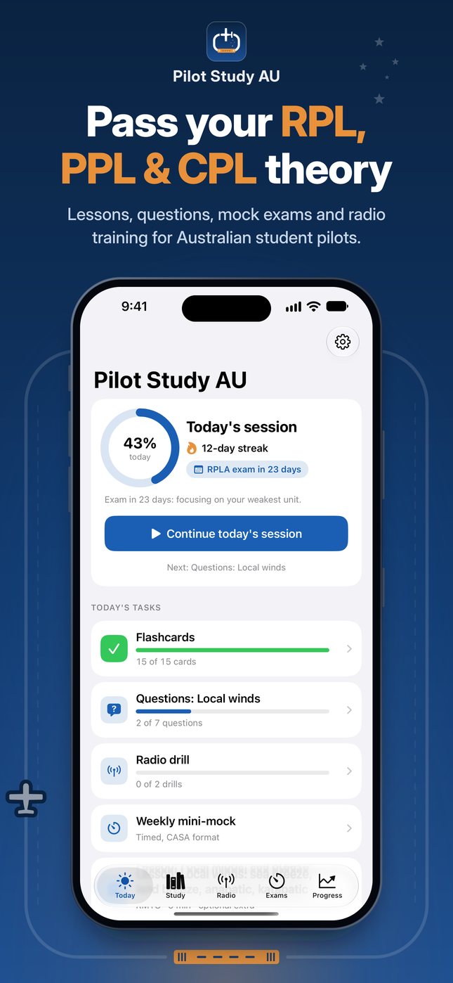 Pilot Study AU Today screen showing the daily study plan